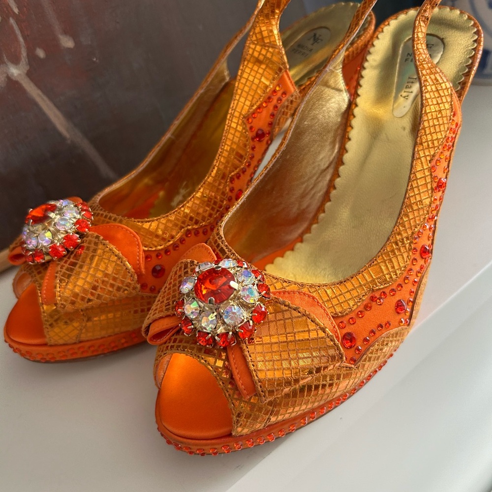 Vibrant Orange Heels with Textured Finish and Crystal Accents 40 / 9.5